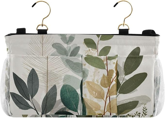 CuwrYet Bedside Caddy Hanging Bunk Bed Caddy Bed Organizer Hanging Pocket with 2 Hooks Bedside Storage Organizer Pocket Bag Holder Beige Boho Style Leaves