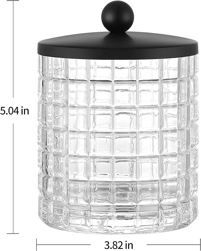 Indecor Home Glass Cotton Jar Holder Matte Black Lid, Elegant Bathroom Storage Canister for Qtips, Cotton Balls, Floss, Makeup Organizer, Vanity Bathroom Organization