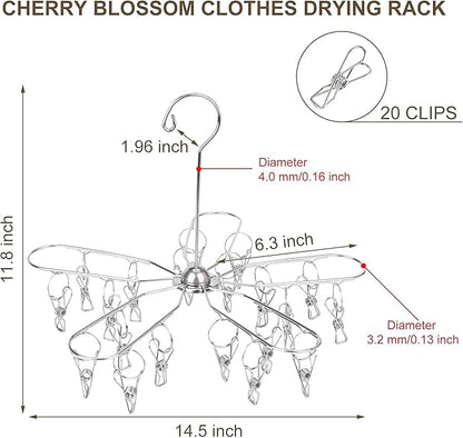Foldable Clothes Drying Hanger Stainless Steel Laundry Drying Rack with 20 Clips, Sock Dryer Hanger for Hanging Underwear, Towels, Baby Clothes, Lingerie, Bra, Hat, Scarf, Gloves, Diapers