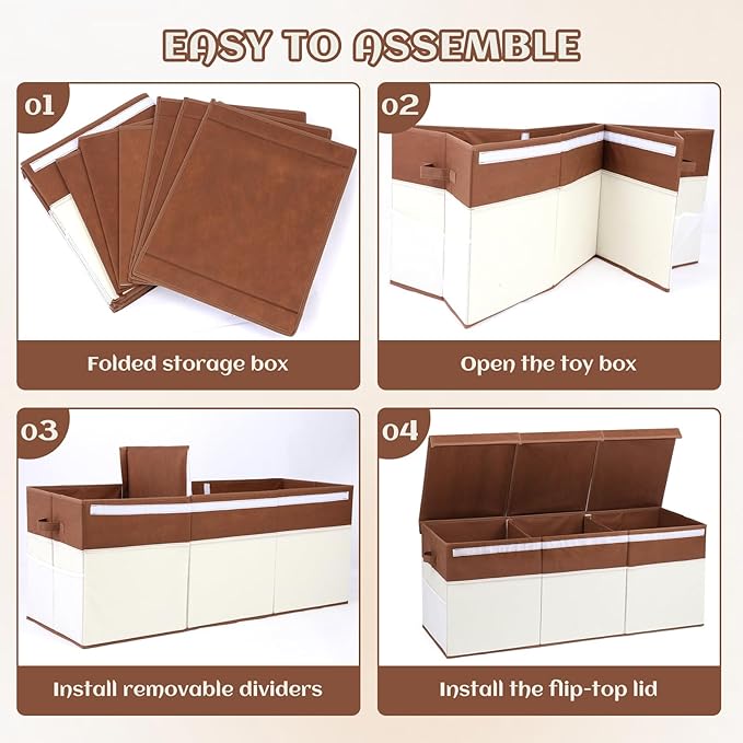 Extra Large Toy Box with Lids, Collapsible Toy Storage Organizer with Divider for Kids, Sturdy Toy Chest for Bedroom, Nursery, Living Room, Playroom, 40"x14"x16", White & Brown