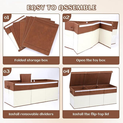 Extra Large Toy Box with Lids, Collapsible Toy Storage Organizer with Divider for Kids, Sturdy Toy Chest for Bedroom, Nursery, Living Room, Playroom, 40"x14"x16", White & Brown