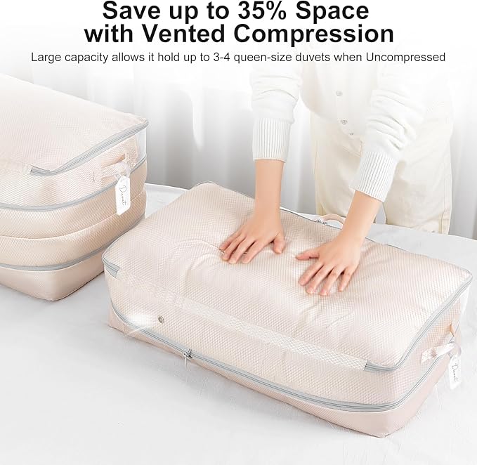 Easortm Comforter Storage Bag - Large Capacity Bedding Storage Bags Ultra Space Saving Self Compression Organizer, Washable Compression Bags for Storage Comforter Blanket Duvet Pillow, 4-Pack, Beige