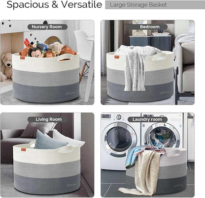 Laundry Basket Cotton Rope Woven for Blankets Storage Basket with Handles for Living Room (Mixed Grey)
