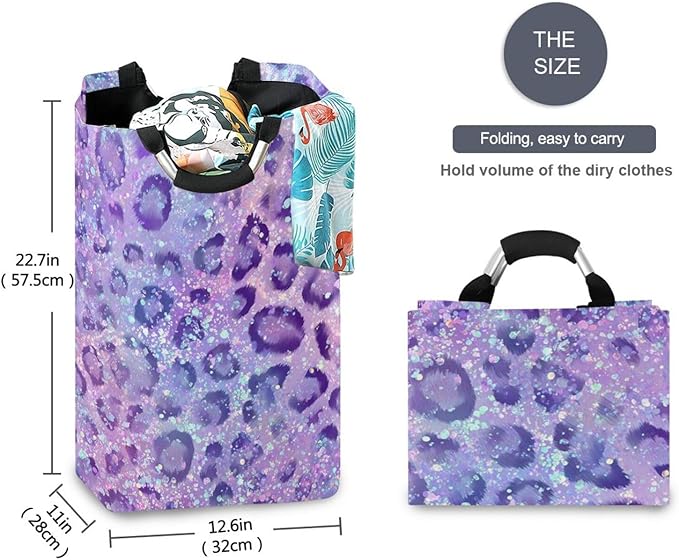 Laundry Hamper Basket Glitter Leopard Purple Storage Basket Collapsible Clothes Hamper with Handle Decorative Blanket Basket for Laundry Room Decor Bedroom Dorm