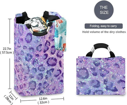Laundry Hamper Basket Glitter Leopard Purple Storage Basket Collapsible Clothes Hamper with Handle Decorative Blanket Basket for Laundry Room Decor Bedroom Dorm