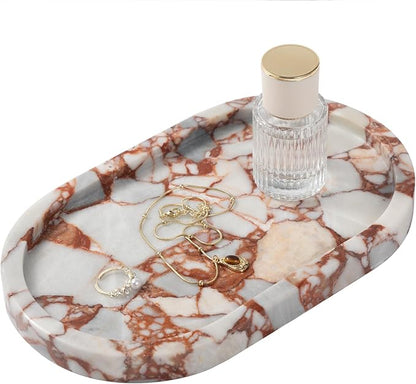 Red Marble Oval Tray 10x6 Inch - Vanity & Bathroom Organizer, Jewelry Dish, Coffee Table Decor - Natural Stone Desktop Catchall