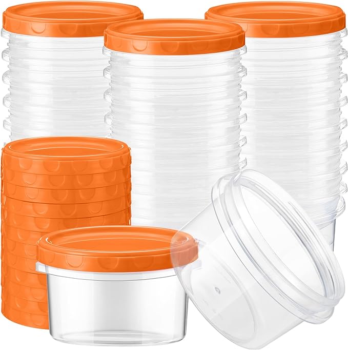 Sieral 36 Pack 8 oz Freezer Containers with Lids Reusable Deli Freezer Storage Containers Stackable Plastic Thick Twist Top Jars for Takeout Food Round Wide Mouth Lunch Snack (Orange)