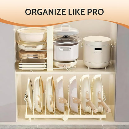 CEHNCEH Pots and Pans Organizer under Cabinet for Cabinet and Countertop Longest 28.5 in Foldable Adjustable 8-Tier Pan Organizer Rack Perfect to Store Pots, Kitchen Cabinet Organizer (White)