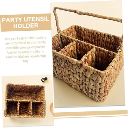 Luxshiny Woven Straw Basket Desktop Organizer Silverware Organizer for Storage Tabletop Multipurpose Kitchen Holder