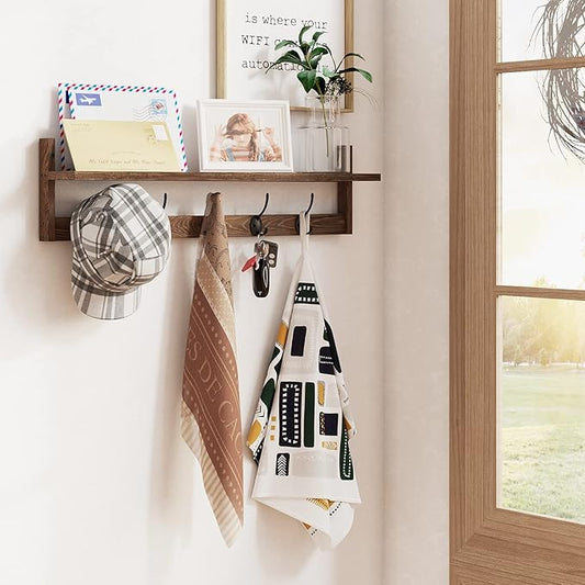 BAMEOS Wall Mounted Coat Rack with Adjustable Easy Install, Rust Proof, Brown Wooden Material, 28.9 Inch Length