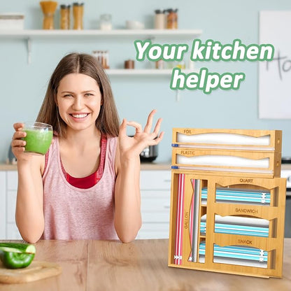 6-in-1 Magnetic Bamboo Drawer Organizer for Kitchen or Fridge, Adjustable Compartment Storage with Foil and Plastic Wrap Dispenser and Cutter – Fits Gallon, Quart, Sandwich, Snack Bags