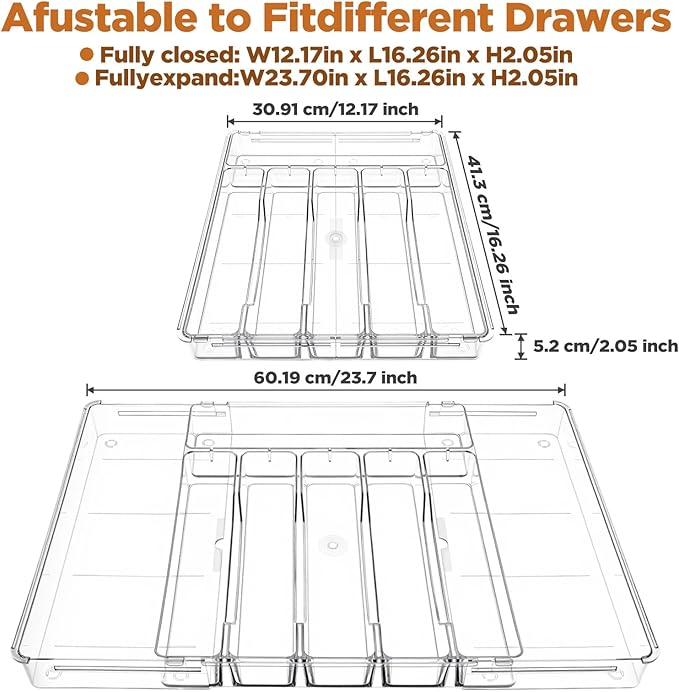 Expandable Utensil Drawer Organizer, Clear Plastic Silverware Tray for Drawers 9 Compartments Adjustable Non-Slip Drawer Storage Organizer forTableware, Knives, Forks, Spoons, Tools, Stationery
