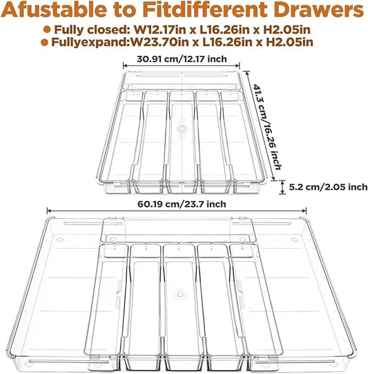 Expandable Utensil Drawer Organizer, Clear Plastic Silverware Tray for Drawers 9 Compartments Adjustable Non-Slip Drawer Storage Organizer forTableware, Knives, Forks, Spoons, Tools, Stationery