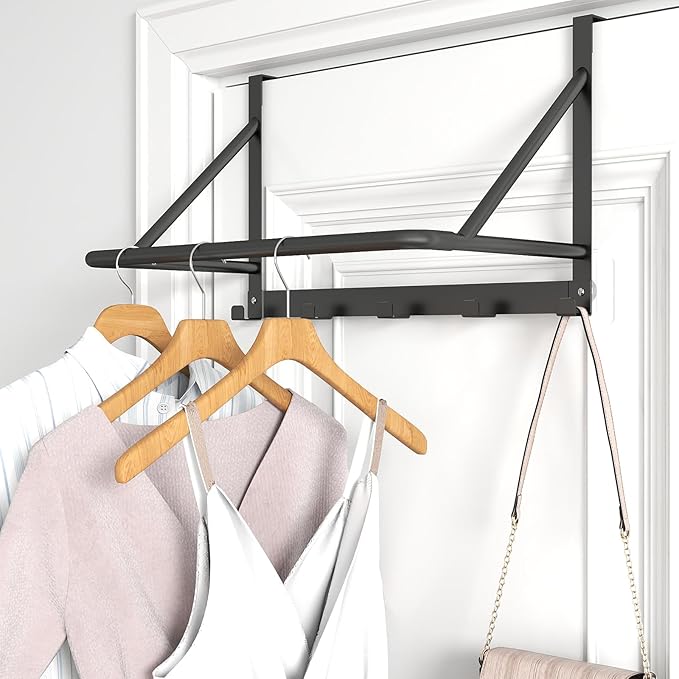 CHJgroup Over The Door Clothes Hanger, Metal Clothes Rack for Door with 5 Hooks, Over The Door Hanger for Bathroom, Laundry, Bedroom, Washroom, Fits Door Up to 1.97", Matte Black