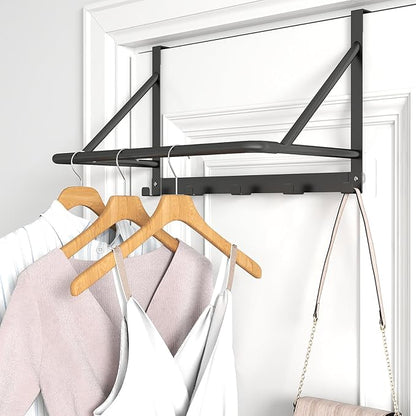 CHJgroup Over The Door Clothes Hanger, Metal Clothes Rack for Door with 5 Hooks, Over The Door Hanger for Bathroom, Laundry, Bedroom, Washroom, Fits Door Up to 1.97", Matte Black