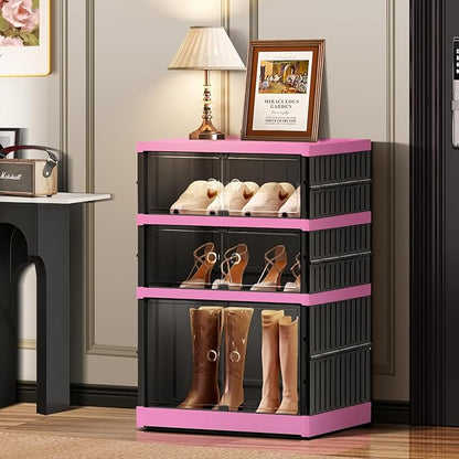 CIMLORD 3-Tier Foldable Shoe Rack Organizer for Closet,6 Pairs Collapsible Plastic Shoe Shelf,Clear Stackable Shoe Storage Boxes with Door Easy Assembly,Shoe Cabinet with Lids Large（Black-Pink）