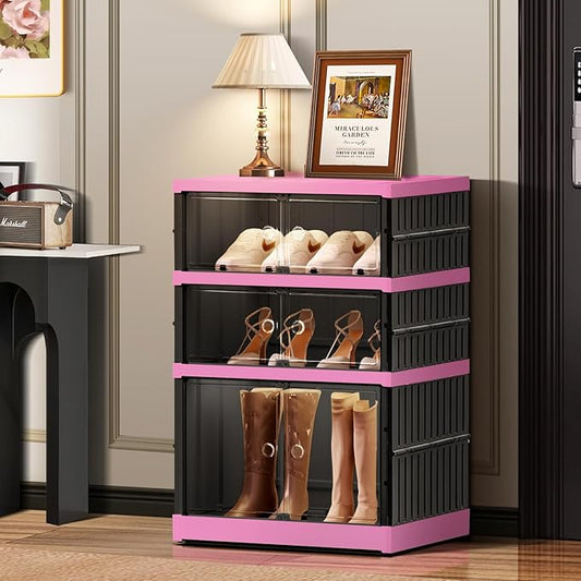 CIMLORD 3-Tier Foldable Shoe Rack Organizer for Closet,6 Pairs Collapsible Plastic Shoe Shelf,Clear Stackable Shoe Storage Boxes with Door Easy Assembly,Shoe Cabinet with Lids Large（Black-Pink）