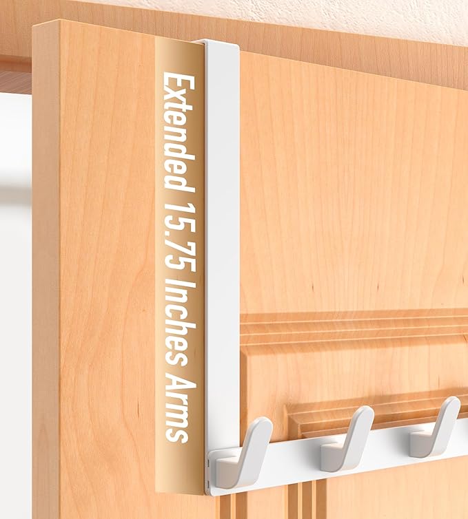 CHAUNCEY HOME Long Over The Door Hooks with 15.75-inch Arms for Easier Access by Women, Heavy Duty Door Hanger for Winter Coat, L16U, Fits Standard 1 3/4'' Doors, Towel Racks Organization, White