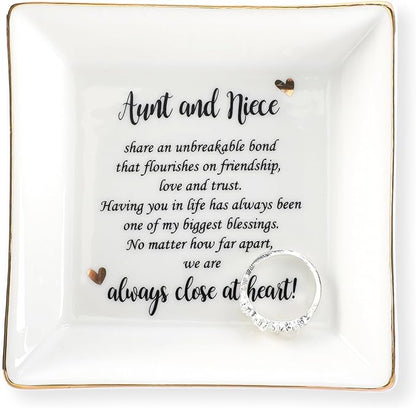 HOME SMILE Mother's Day Aunt Gifts from Niece,Aunt and Niece Gifts,Ceramic Jewelry Dish Tray for Aunts BirthdayValentine's,Thanksgiving,Xmas-Aunt and Niece Share an Unbreakable Bone