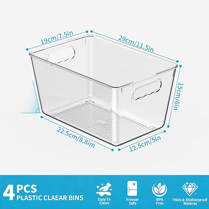 Fridge Organiser Set, Transparent Storage Box Organisers, Stackable, Organiser Boxes for Fridge, Cupboard, Pantry, Snacks, Cans, Kitchen - BPA-Free, 29 x 20 x 15.5 cm