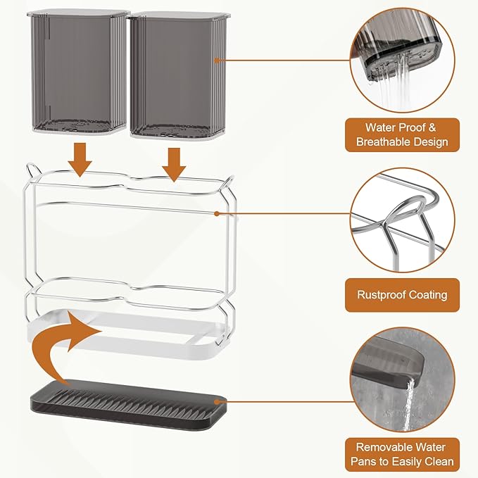 First-zgel Utensil Holder Counter, 6.7" Plastic Silverware Caddy, Utensil Holder for Party, 2 Cup Flatware Organizer for Kitchen Wall Mount, Forks Spoons Knives Storage with Drain Tray (Black)