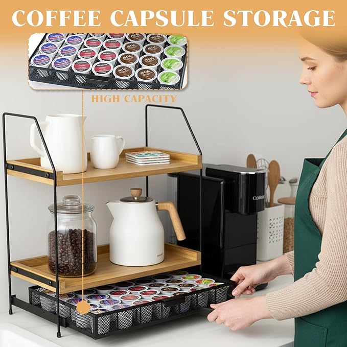 Coffee Bar Organizer Station | 2-Tier Wooden Shelf for K-Cup & Nespresso Pod Storage, Tea Bar Accessories and Coffee Pod Holder for Kitchen,Home, Office Countertop