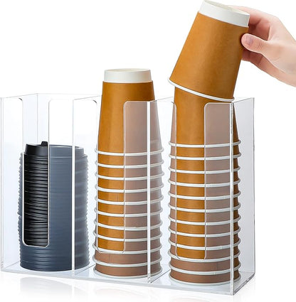 Cunhill 3 Compartments Acrylic Coffee Cup and Lid Dispenser Organizer Disposable Paper Cup Holder Coffee Shop Supplies Holder Storage for Station Home Countertop Bar Kitchen Party(Clear)