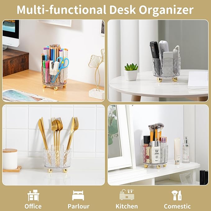 Marbrasse Desk Organizer, 360-Degree Rotating Pen Pencil Holder for Desk, Desk Organizers and Accessories with 5 Compartments Pencil Organizer (Transparent gold edge)