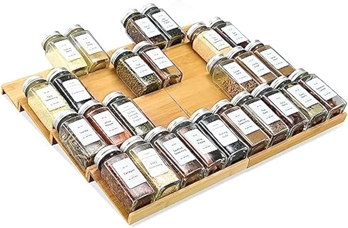 KitHero Spice Drawer Organzier,4 Tiers- 8Pcs Bamboo Spice Rack Tray Insert for Cabinet Drawer Countertop, Kitchen Seasoning Storage Drawer Organization,18" Wide x 15.8" Deep （Hold UP To 40 Jars