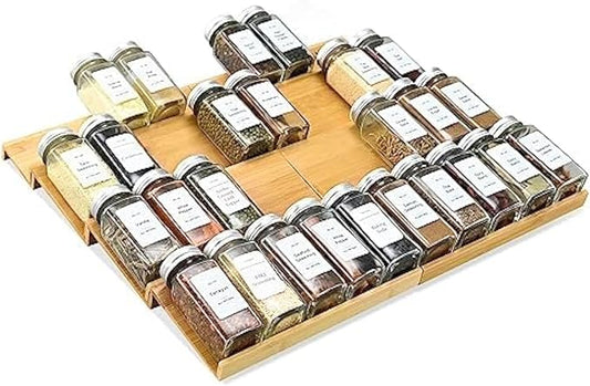 KitHero Spice Drawer Organzier,4 Tiers- 8Pcs Bamboo Spice Rack Tray Insert for Cabinet Drawer Countertop, Kitchen Seasoning Storage Drawer Organization,18" Wide x 15.8" Deep （Hold UP To 40 Jars