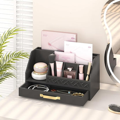 Bamboo Desk Organizer with Drawers, Mail Organizer Countertop Wood Desk Drawer Tabletop Storage Organization Pen Holder Letter Sorter Makeup Organizer for School Home Office (Black)