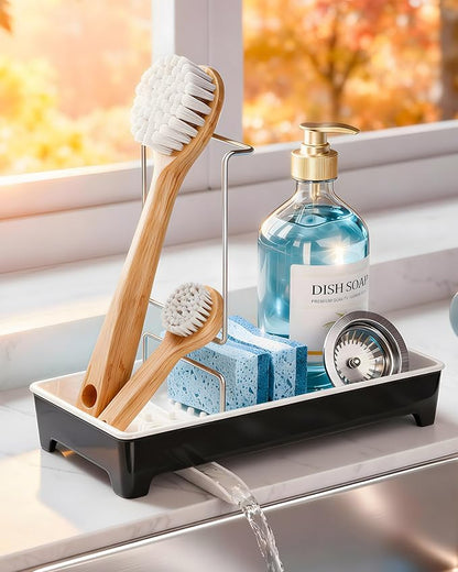 Caumic Minimalist Sink Caddy, Rustproof Sponge Holder for Kitchen Sink with 304 Stainless-Steel Brush Holder, Countertop Rack Organizer with Raised Ridges & Silicone Drain Tube (Black)