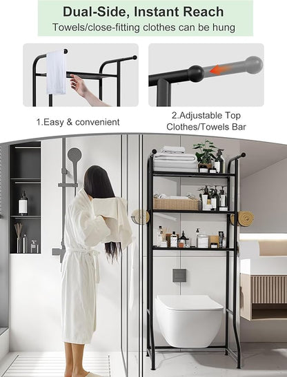 JUKAMO 3-Tier Over The Toilet Storage Shelf，Bathroom Organizers and Storage Over Toilet，Metal Bathroom Space Saver with 2 Bars，1 Paper Holder and 4 Hooks,Black