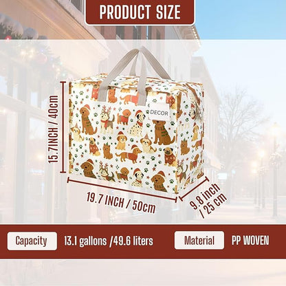 VENO 4 Pack Heavy Duty Moving Bags, Storage Bags, Packing Supplies, Top Zipper, Storage Totes for Camping, Clothes, Bedding, Comforters, Pillows, Christmas Pattern (13 Gallon, Holiday Pups, 4 Pack)
