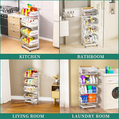 Heavy 4-Tier Snack Cart with Wheels ，Removable Rolling Pantry Floor Organizers ，Upgraded Wider and Thicker, Kitchen Fruit Basket Stand and Storage Rack for Fruit Snack Onion Potato