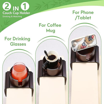 SINWANT Couch Cup Holder, 2 in 1 Bamboo Sofa Arm Clip on Cup Holder with 360°Rotated Phone Stand, Foldable Anti-Slip Couch Armrest Drink Holders for 3.93in Coffee Mug,Bottles,on Armrests