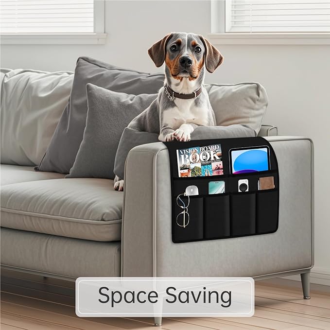 Guken Linen Armchair Caddy Remote Holder for Recliner Couch, Arm Chair Caddies Couch Remote Organizer Bedside Caddy with 6 Pocket Storage for Magazine, Tablet, Phone, iPad and More, Black