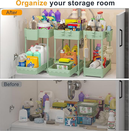 3 Pack Under Sink Organizers, 2-Tier Multi-Use Kitchen and Bathroom Organizers and Storage with Sliding Drawers，Bathroom Cabinet Organizer (Green, 12.8 Inch)