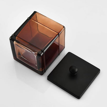Indecor Home Amber Glass Cotton Jar Holder – Black Lid Elegant Bathroom Storage Canister for Qtips, Cotton Balls, Floss, Makeup Organizer, Vanity & Bathroom Organization