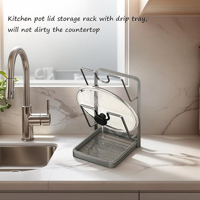 Kitchen Pot Lid Storage Rack, Stainless Steel Pot Lid Holder While Cooking for Countertop, Multifunctional Pots Lids Organizer Rack with Removable Drip Tray for Spatulas, Ladles & Large Lids (White2)