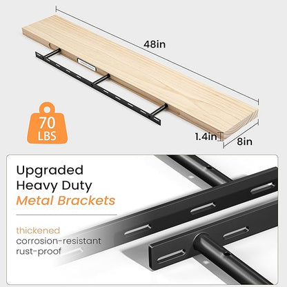 Fun Memories 48 Inch Floating Shelves for Wall, Deep Rustic Solid Wood Floating Shelf - Farmhouse Wall Mounted Display Shelf with Heavy-Duty Metal Bracket, 48" W x 8" D, Set of 1, Unfinished for DIY