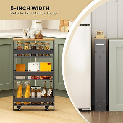 Small Kitchen Cart, 4-Tier Slim Rolling Island w/Handle, Laundry Room Storage Organizers Between Washer and Dryer, Narrow Spice Rack on Wheels Next to Fridge (Gray, 5'')