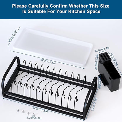 YEYPOP Black Dish Drying Rack Small for Kitchen Counter, 304 Stainless Steel Dish Rack w Tray & Cutlery Holder, Narrow Dish Drainer for Pots & Pans, Cutting Boards, Plates & Lids