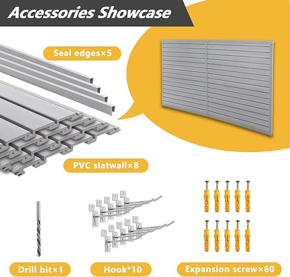 Heavy Duty PVC Slatwall Garage Organizer System, 8ft x 4ft Wall Mounted Panel Kit with 10 Hooks, 75lb/sq ft Capacity, Charcoal Grey Tool Storage Rack for Workshop & Retail Display