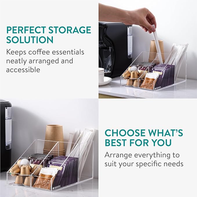 Navaris 4 Compartment Coffee Organiser - Sugar, Creamer, Tea Supplies - Office & Kitchen Countertop Organisation