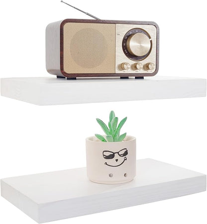 BGMG Wood Floating Shelves 12 inch Set of 2,White Floating Shelves for Wall,Solid Wood Wall Shelves for Bathroom Living Room Bedroom Kitchen Farmhouse -12x 6.7 x1.25 inch
