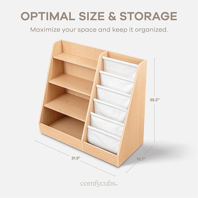 Comfy Cubs Kids Bookshelf 35.2 x 15.7 x 31.5 Inches - Sturdy MDF Montessori Book Shelf with Soft & Hard Shelves for Toys & Books - Child-Friendly, Easy Access Storage Organizer for Kids - Wood