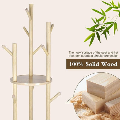 Wood Coat Rack with 3 Shelves and 9 Hooks, Freestanding Rotary Coat Tree for Entryway, Bedroom, Living Room, Hallway – Holds Jackets, Coats, Hats, Bags (Natural)