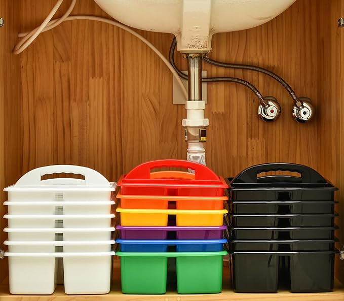 ALINK Plastic Classroom Caddy Organizer with Handle, 6-Pack 3 Compartments, Teacher Supply Storage Caddy for Classroom Organization, Table, Desk, Office, Craft Art for Kids - White