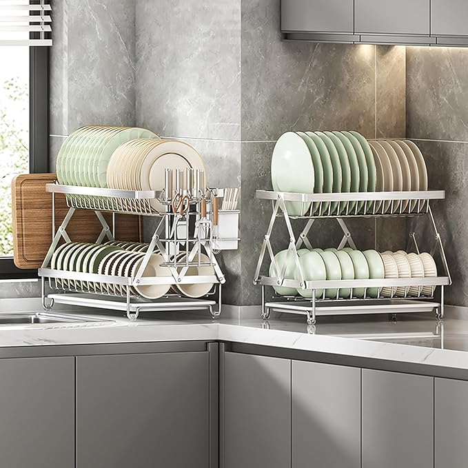 Fenqynsol Dish Drying Rack, 304 Stainless Steel Foldable 2 Tier with Hanging Rack for Kitchen Counter, Dish Rack for Dishes, Utensils, Knives and Cutting Board